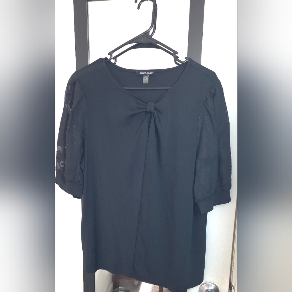 Black Bow-Front Puff Sleeve Top -